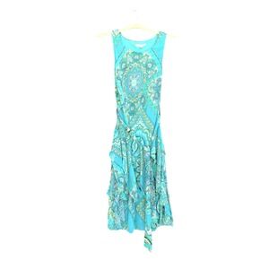 Robbie Bee Dress Womens 4 Blue Paisley Sleeveless Asymmetrical Ruffle Hem Belted